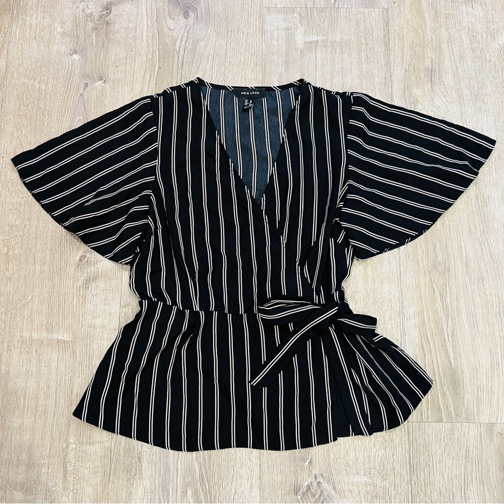 New look black white short sleeve striped w belt blouse wrap top size 6 small
